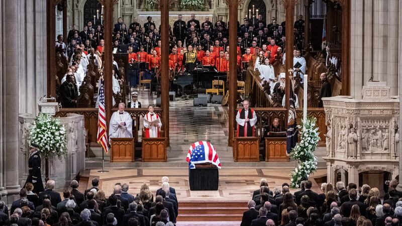 The casket of former President Jimmy Carter is pictured during a state funeral at the National...