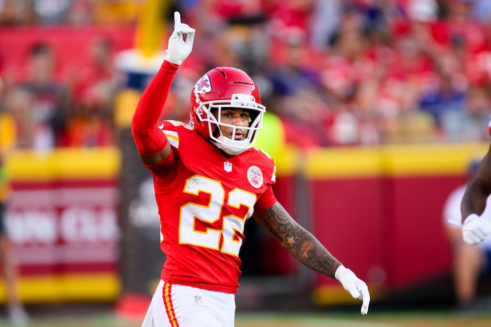 Kansas City Chiefs cornerback Trent McDuffie celebrates a 4th down stop of the Baltimore...