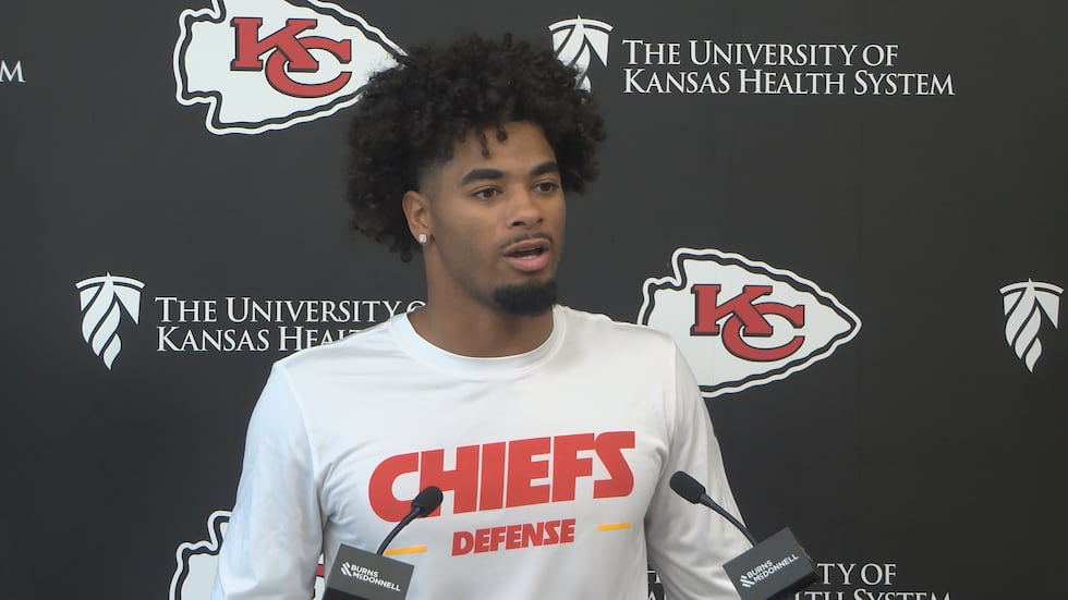 Kansas City Chiefs rookie cornerback Mansoor Delane talks to reporters on Monday, Aug. 24, 2026.