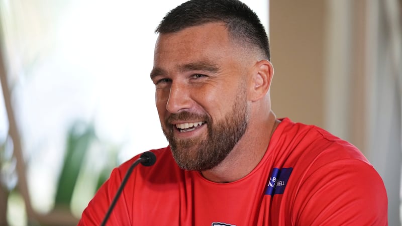 Kansas City Chiefs tight end Travis Kelce speaks during a press conference ahead of a NFL...