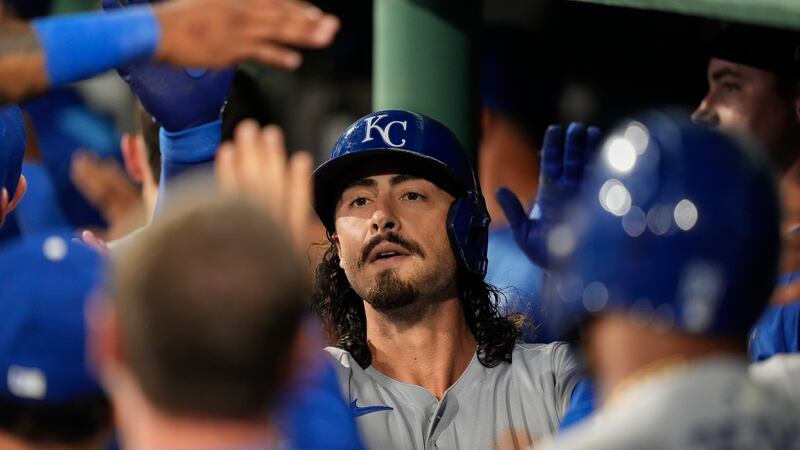 Kansas City Royals Jonathan India celebrates his three-run homer in the seventh inning of a...