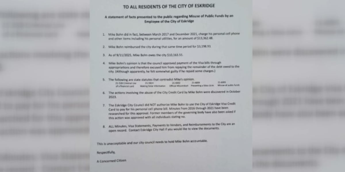Anonymous letter accuses Eskridge employee of misusing city credit card