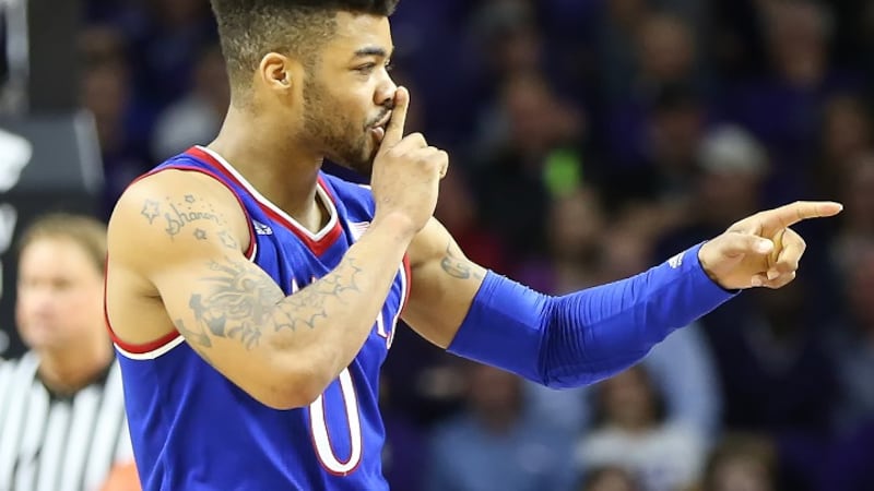 MANHATTAN, KS - FEBRUARY 06: Kansas Jayhawks guard Frank Mason III (0) reacts to the Wildcat...