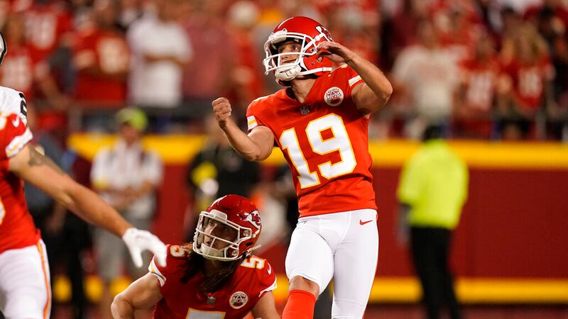 Kansas City Chiefs place kicker Matthew Wright (19) and holder Tommy Townsend (5) watch...