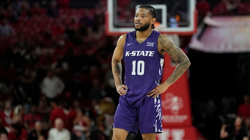 Kansas State guard David Castillo (10) on the court during the second half of an NCAA college...