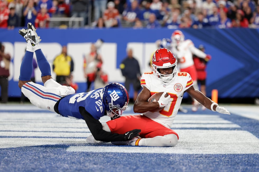 Kansas City Chiefs wide receiver Tyquan Thornton (80) scores as New York Giants cornerback Dru...