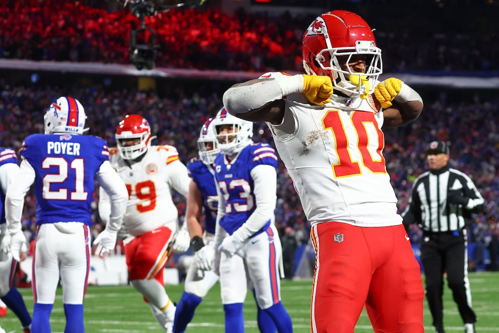 Kansas City Chiefs running back Isiah Pacheco (10) reacts after scoring a touchdown against...