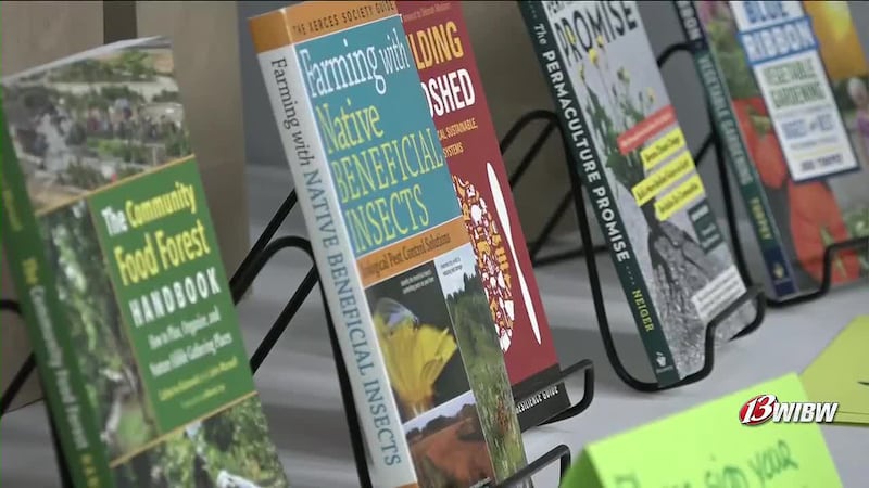 Gardening books on display for purchase and as raffle prizes at the gardening conference.
