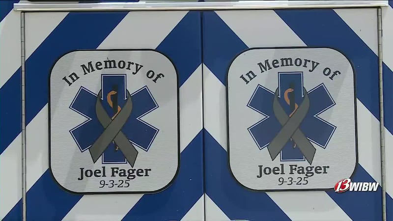 Joel Fager's name sits on the back of a Pottawatomie County EMS truck.,